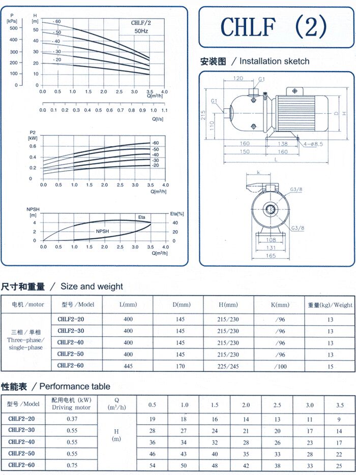 CHLF輕型不銹鋼多級(jí)離心泵尺寸和重量、性能表